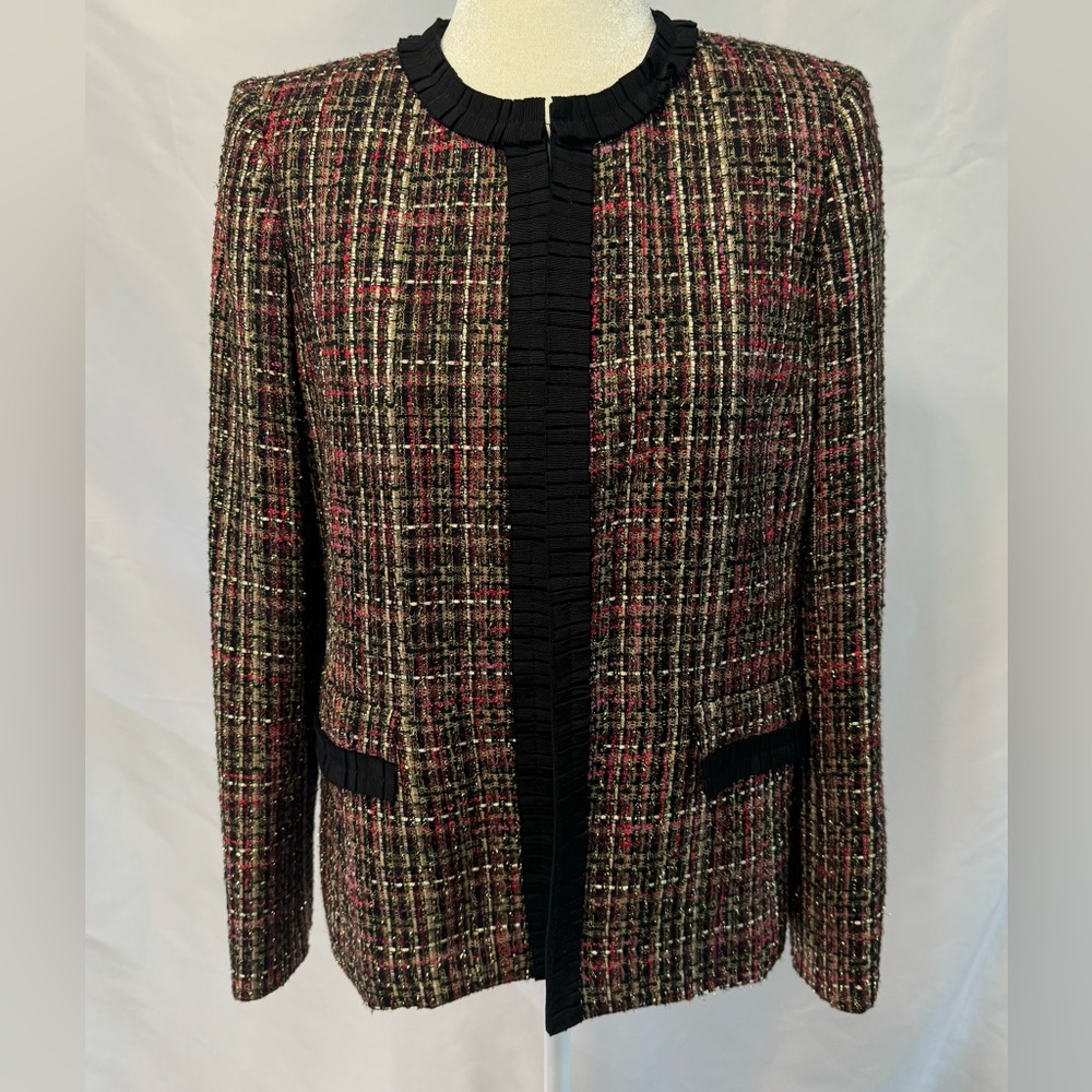 Kasper Black Red Gold Tweed Ribbon Suit Jacket Open Front Blazer